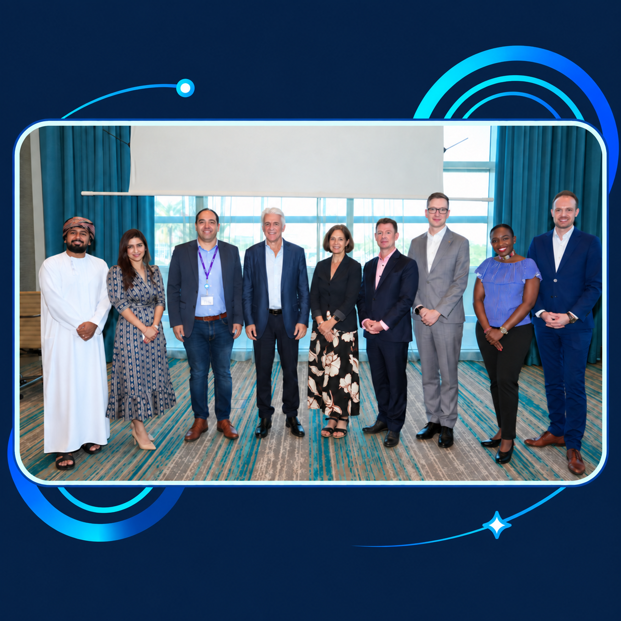 A group of GTTP colleagues and partners, framed by blue and cyan orbital artwork.